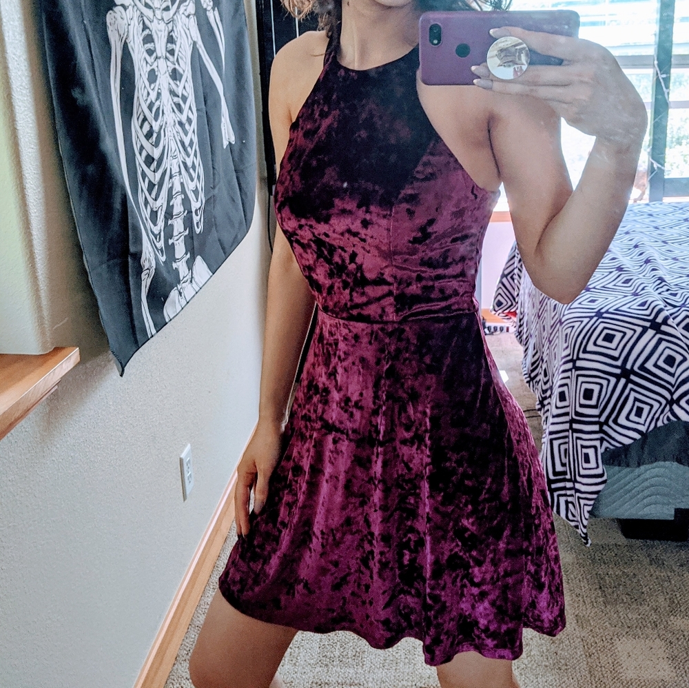 Burgundy Velvet Halter Mini Dress